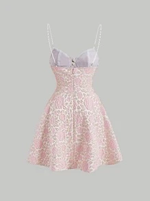 SHEIN MOD Dragkedja Famsida Knut Pärlor Blommig Boho Klänning - Babyrosa - Visa 2