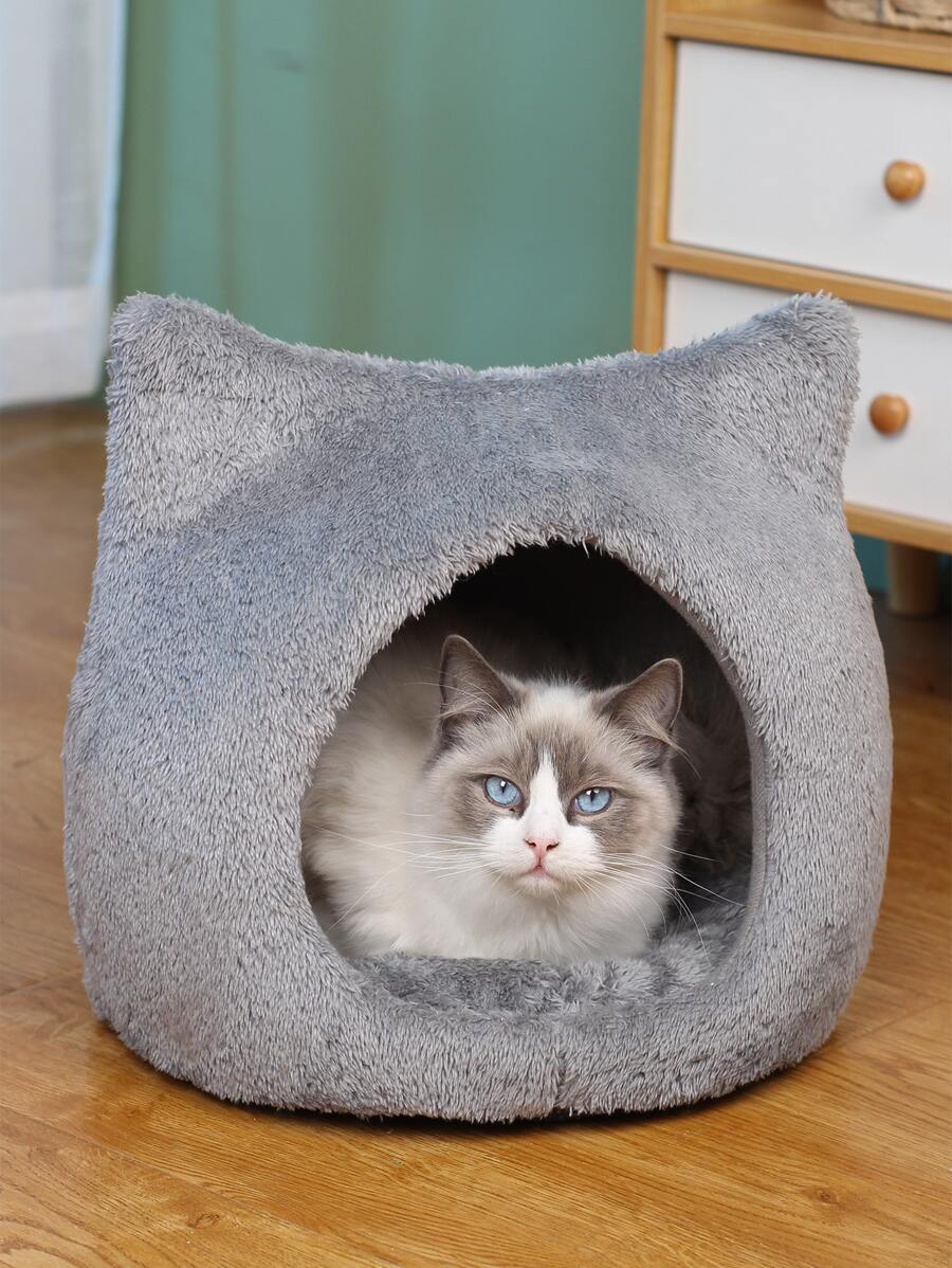 1pc Plush Cat Ear Design Shaped Pet Bed For Cat For Sleeping - Grey - View 1