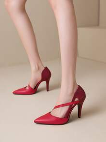Women Two Tone Point Toe Stiletto Heeled Pumps Funky Court Pumps - Red - View 4