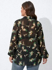 Celure 大碼印花燈籠袖前紐扣襯衫 - 黑色 - 查看 2