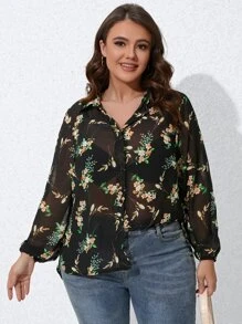 Celure 大碼印花燈籠袖前紐扣襯衫 - 黑色 - 查看 4