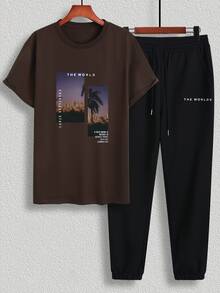 Manfinity Homme Men Coconut Tree & Slogan Graphic Tee & Drawstring Waist Sweatpants - Multicolor - View 7