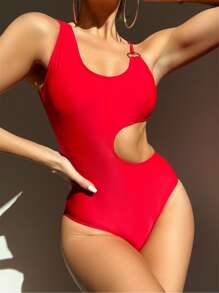 SHEIN Swim 素色鏤空環鏈連體泳衣 - 紅色 - 查看 1