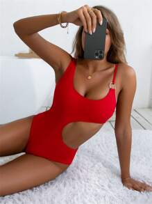 SHEIN Swim 素色鏤空環鏈連體泳衣 - 紅色 - 查看 4