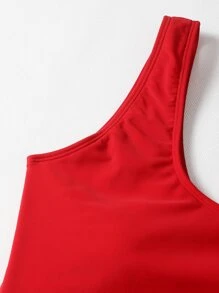 SHEIN Swim 素色鏤空環鏈連體泳衣 - 紅色 - 查看 6