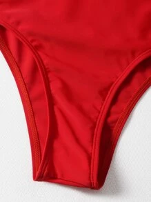 SHEIN Swim 素色鏤空環鏈連體泳衣 - 紅色 - 查看 7