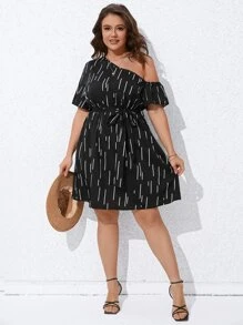 SHEIN Clasi Plus Striped Print Asymmetrical Neck Belted Dress - Black - View 1
