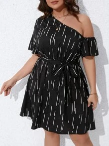 SHEIN Clasi Plus Striped Print Asymmetrical Neck Belted Dress - Black - View 5