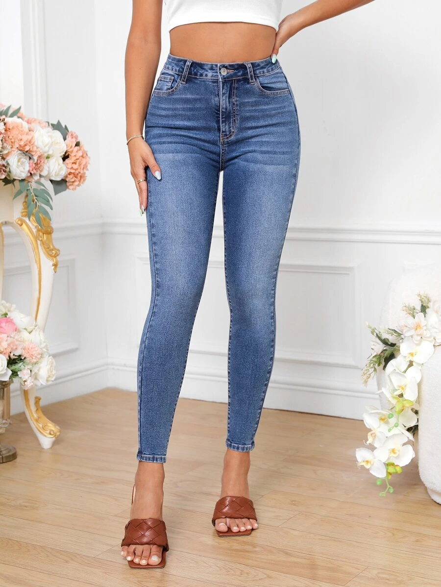 斜口袋緊身牛仔褲 - 中等水洗藍 - 查看 1