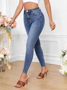 斜口袋緊身牛仔褲 - 中等水洗藍 - 查看 3