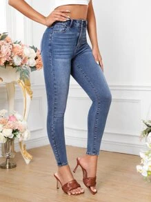 斜口袋緊身牛仔褲 - 中等水洗藍 - 查看 4