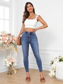 斜口袋緊身牛仔褲 - 中等水洗藍 - 查看 5