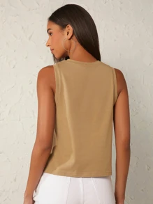 SHEIN BASICS Chất rắn Vòng cổ Áo ba lỗ Cho mùa hè - Màu Khaki - Xem 2