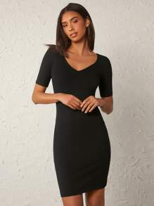 SHEIN BASICS Solid V Neck Bodycon Dress - Black - View 1