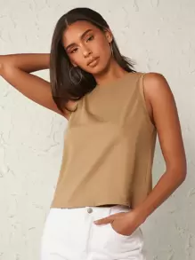 SHEIN BASICS Chất rắn Vòng cổ Áo ba lỗ Cho mùa hè - Màu Khaki - Xem 4