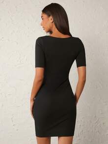 SHEIN BASICS Solid V Neck Bodycon Dress - Black - View 2
