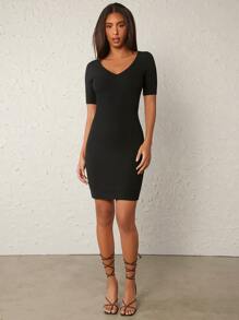 SHEIN BASICS Solid V Neck Bodycon Dress - Black - View 5