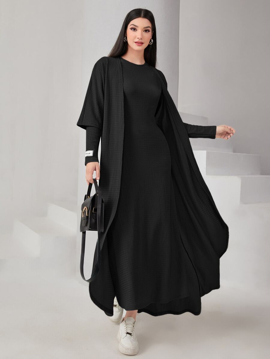 Seusyu Textured Knit Open Front Abaya & Modest Long Sleeve Arabian Dress - Black - View 1
