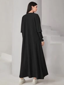 Seusyu Textured Knit Open Front Abaya & Modest Long Sleeve Arabian Dress - Black - View 2