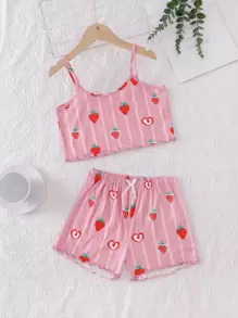 Tween Girls Strawberry Print Home Clothes - Pink - View 1