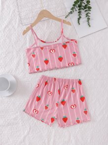 Tween Girls Strawberry Print Home Clothes - Pink - View 2