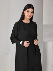 Seusyu Textured Knit Open Front Abaya & Modest Long Sleeve Arabian Dress - Black - View 4