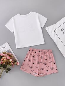 Girls Eyelash & Slogan Graphic Tee & Shorts PJ Set - Multicolor - View 2