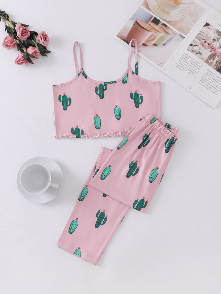 Tween Girls Cactus Pattern Tank Top And Long Pants Homewear Set - Dusty Pink - View 1