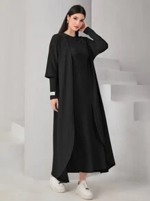 Seusyu Textured Knit Open Front Abaya & Modest Long Sleeve Arabian Dress - Black - View 5