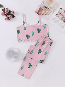 Tween Girls Cactus Pattern Tank Top And Long Pants Homewear Set - Dusty Pink - View 2