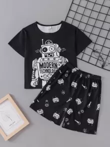 Boys' Cartoon Robot Printed Short Sleeve Homewear Set, Toddler - Black - View 1