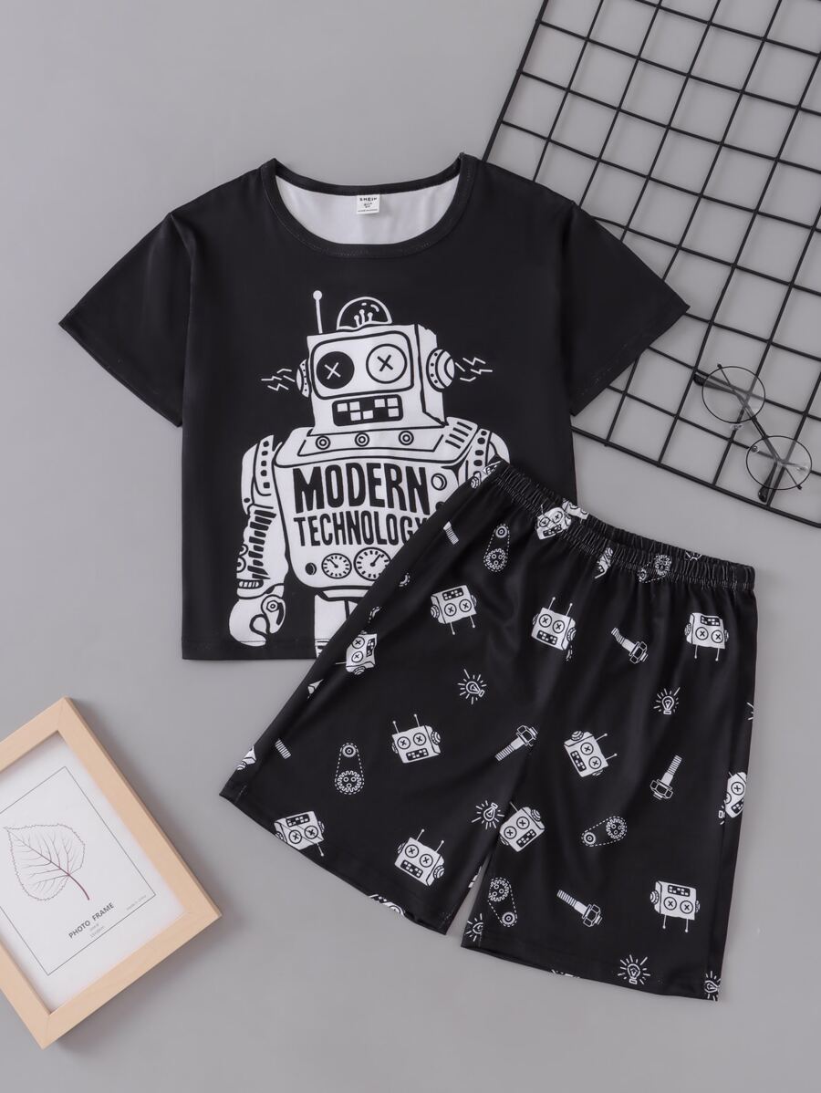 Boys' Cartoon Robot Printed Short Sleeve Homewear Set, Toddler - Black - View 1