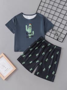 Boys' Cactus Printed Short Sleeve Shirt And Shorts Pajama Set - Multicolor - View 1