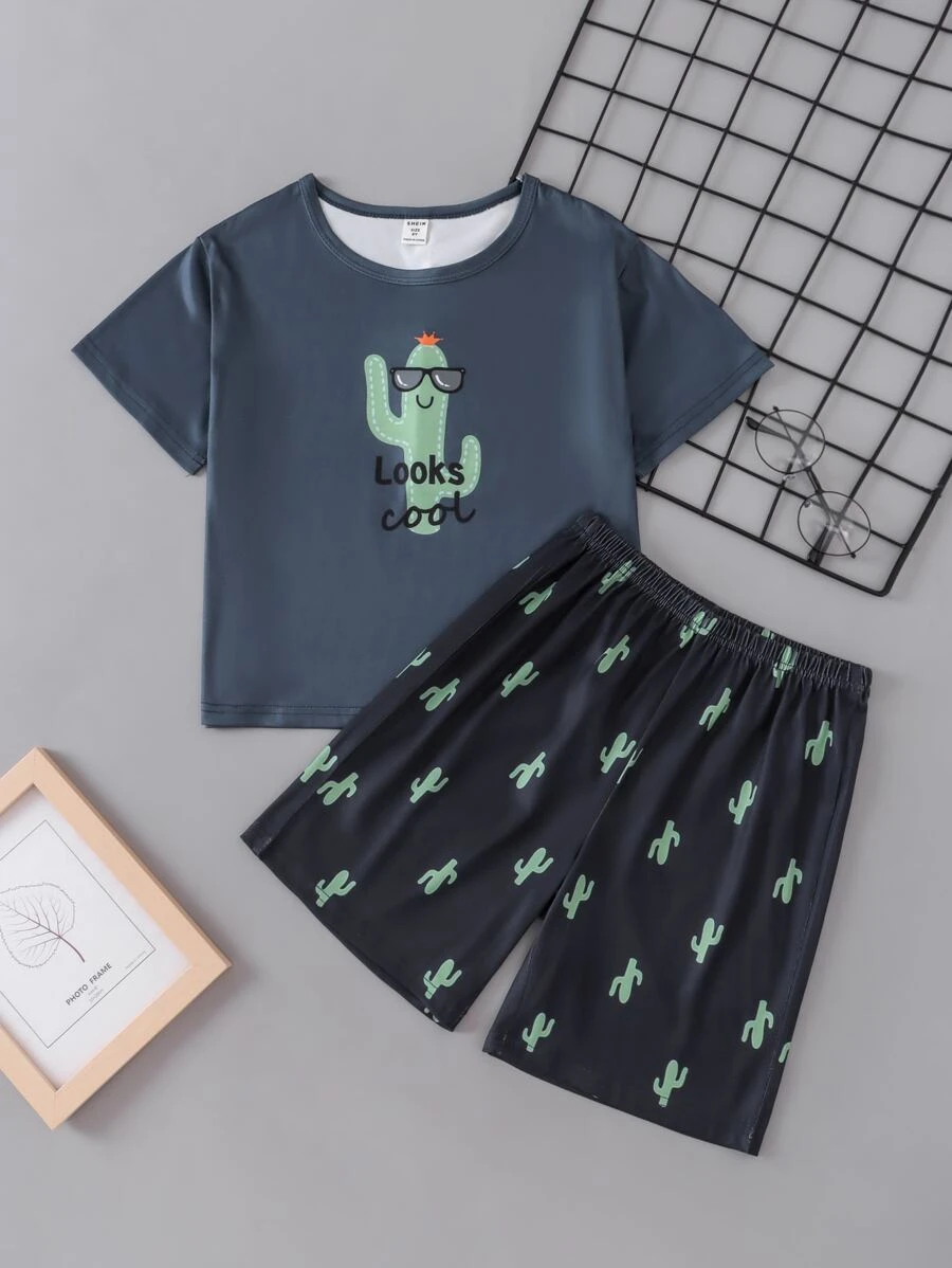 Boys' Cactus Printed Short Sleeve Shirt And Shorts Pajama Set - Multicolor - View 1