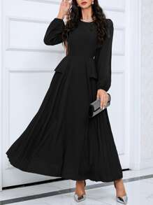 Modelyn Lantern Sleeve Pleated Panel Dress - Black - View 1