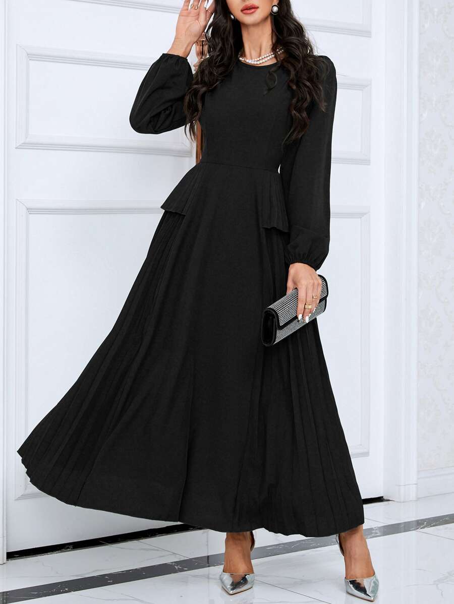 Modelyn Lantern Sleeve Pleated Panel Dress - Black - View 1