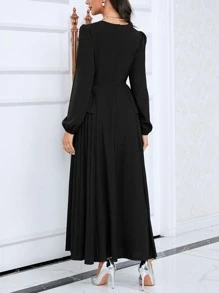 Modelyn Lantern Sleeve Pleated Panel Dress - Black - View 2