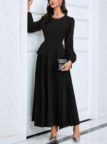 Modelyn Lantern Sleeve Pleated Panel Dress - Black - View 3