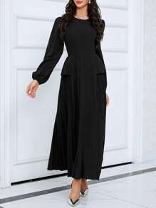 Modelyn Lantern Sleeve Pleated Panel Dress - Black - View 4