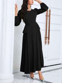 Modelyn Lantern Sleeve Pleated Panel Dress - Black - View 5