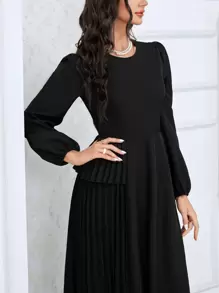 Modelyn Lantern Sleeve Pleated Panel Dress - Black - View 6