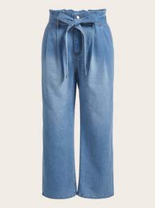 Plus High Waist Belted Straight Leg Jeans - Light Wash - View 1