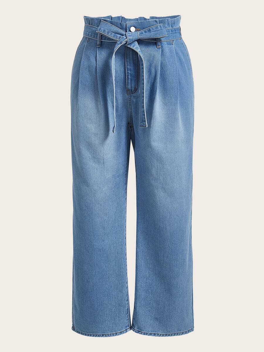 Plus High Waist Belted Straight Leg Jeans - Light Wash - View 1