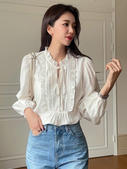 DAZY Women's Casual Business Style Loose School Uniform Shirt,Fall Women Clothes Long Sleeve Top