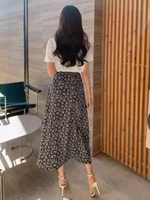 DAZY 纯色T恤和碎花半裙，女士两件套度假套装 - 彩色 - 查看 2