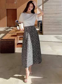 DAZY 纯色T恤和碎花半裙，女士两件套度假套装 - 彩色 - 查看 3