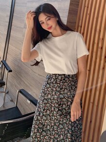 DAZY 纯色T恤和碎花半裙，女士两件套度假套装 - 彩色 - 查看 4