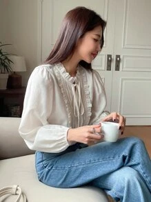 DAZY Women's Casual Business Style Loose School Uniform Shirt,Fall Women Clothes Long Sleeve Top - White - View 7