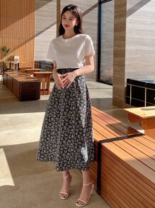DAZY 纯色T恤和碎花半裙，女士两件套度假套装 - 彩色 - 查看 8