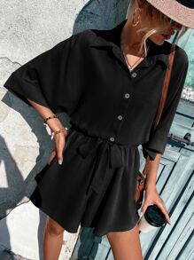 SHEIN VCAY Batwing Sleeve Belted Shirt Romper - Black - View 6